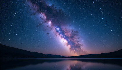 Fototapeta premium Milky Way Galaxy Reflection Over Serene Mountain Lake at Night