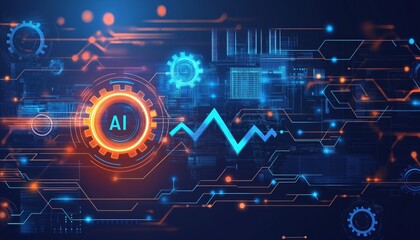 Obraz premium AI Automation Abstract Digital Network with Glowing Gears