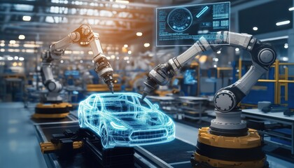 AI Automation Robotic Arms Build Car Wireframe in Modern Factory