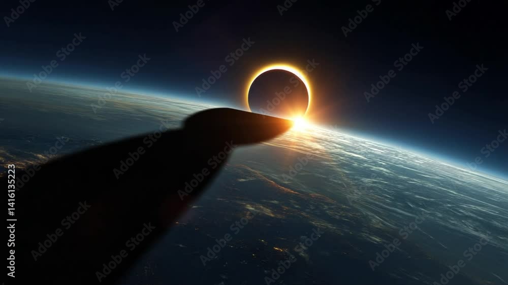 Poster eclipse shadow crossing planet seen from space at twilight generative ai