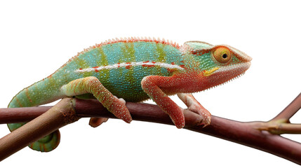 Obraz premium A colorful green chameleon, a wild reptile with exotic scales and captivating eyes, rests on a hand against an isolated white backdrop