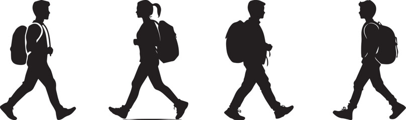 Silhouette Students Walking with Backpacks Vector Set