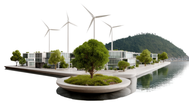 Wind turbines stand tall amidst green plants and grass under the blue sky, harnessing wind energy as a renewable power source in the natural landscape