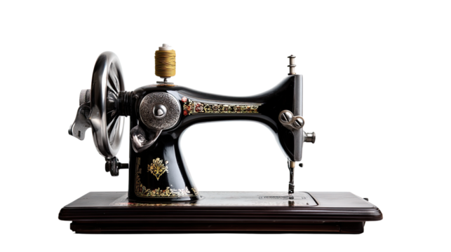 An old vintage sewing machine, a metal tool of the textile industry, is isolated on white