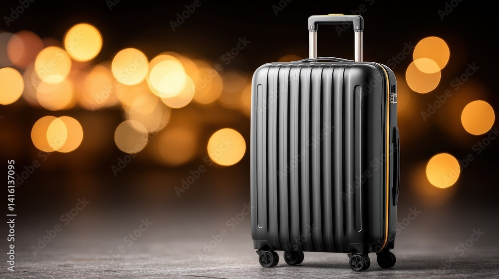 Poster compact black suitcase standing on sparkly bokeh light background creating elegant contrast represen