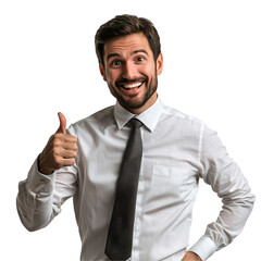 Happy business man giving thumbs up approval with a smile  isolated on transparent  background