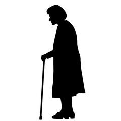 Silhouette of Elderly Woman Standing with Cane, Senior Mobility Support, Aging Society,