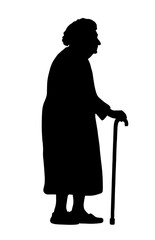 Silhouette of an elderly woman standing with a cane, slightly hunched.  Senior mobility, elderly care, physical support, aging with dignity.

