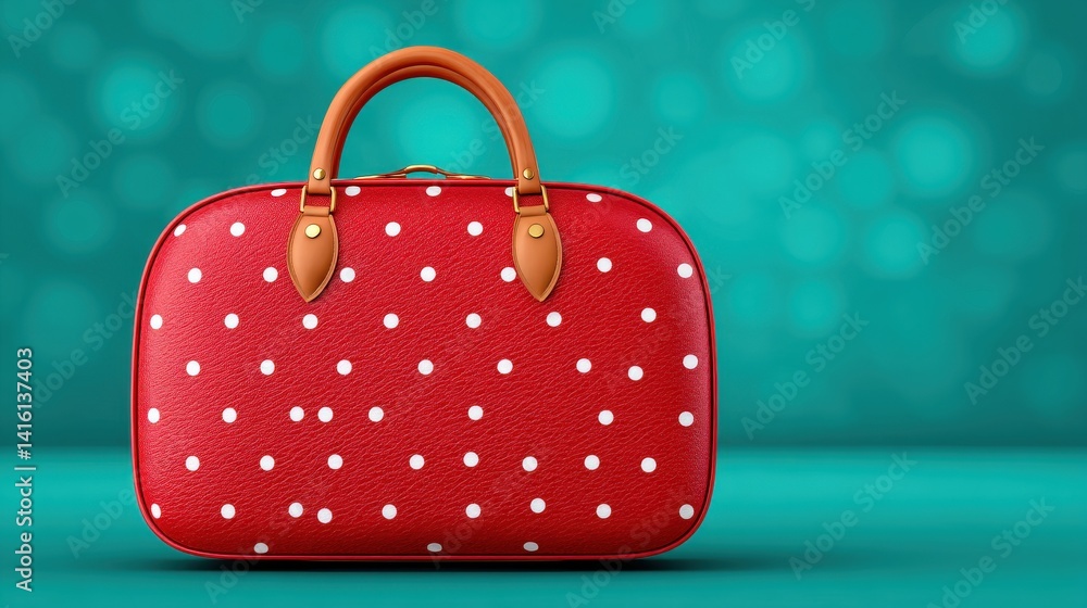 Aufkleber bright red duffel bag with white polka dot pattern standing upright on turquoise background showing 