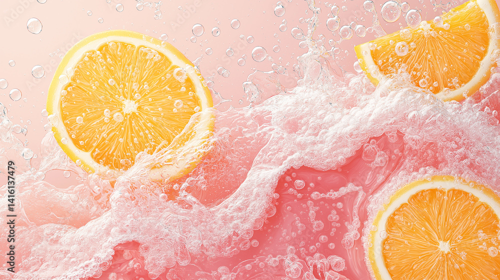 Poster zesty burst: slices of fresh citrus fruit cascade into effervescent water, creating a dynamic splash