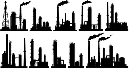 Fototapeta premium Factory, power plant industrial icons. Factory, power plant, oil refinery and oil processing plant industrial icon.