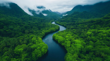 Serene River in Lush Rainforest: A winding river snakes through a vibrant rainforest, embraced by verdant trees and the misty embrace of towering mountains.