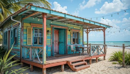 Obraz premium Vibrant Caribbean Beach Shack Colorful Wooden Cottage on Sandy Shore