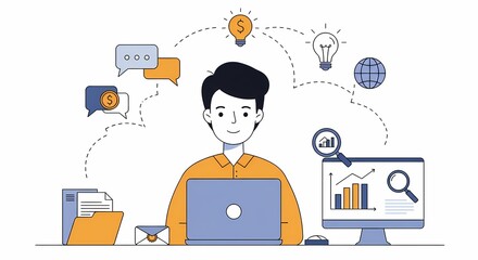 A vector cartoon depicts a person engaged in online work on a laptop, surrounded by icons symbolizing ideas, communication, financial growth, and global reach. 