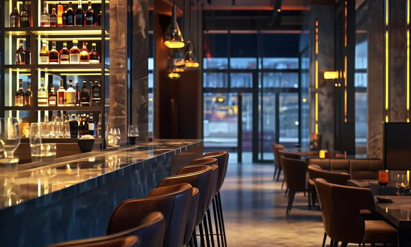 Elegant bar & restaurant interior. Warm lighting illuminates seating, tables, and bottles. City view seen through windows