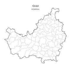 Vector Map of Cluj County (Județul Cluj) with all Administrative Territorial Units (UAT) including Municipalities (Municipii), Towns (Orașe) and Communes (Comune) - Romania 2025