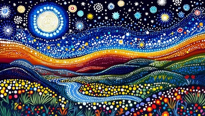 Night sky, starry landscape, colorful dots.