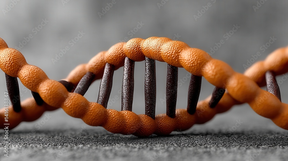 Poster horizontal closeup view of a twisted dna strand in orange and brown tones over textured surface repr