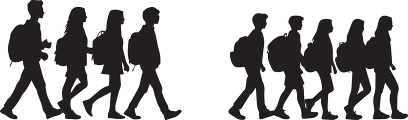 Students Walking Silhouette Vector. Group Backpack People Clipart