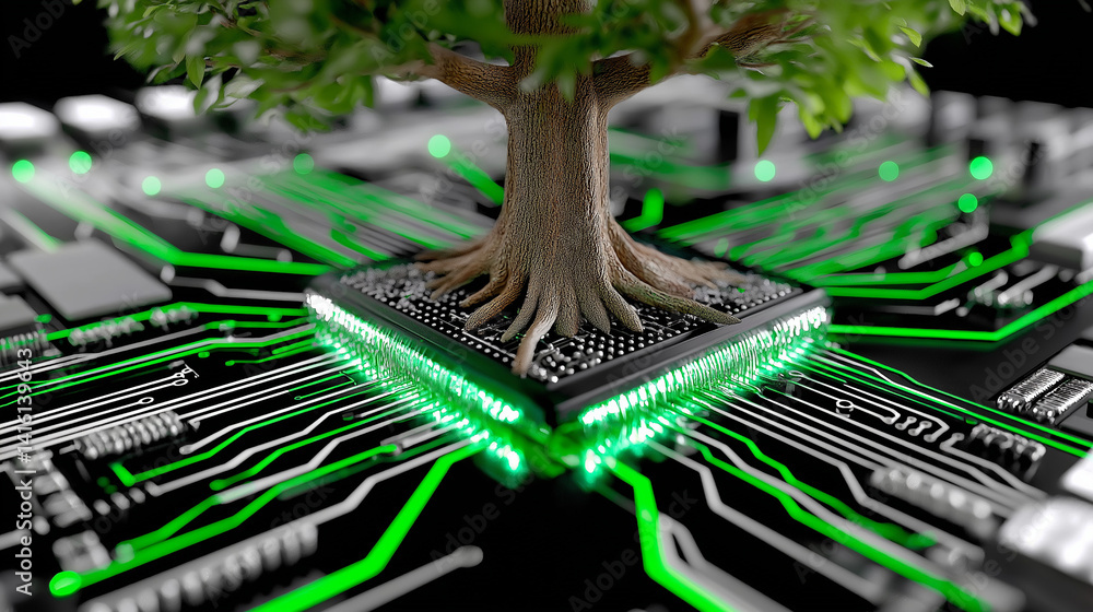 Poster digital ecosystem: a symbolic representation of technology and nature. a young tree thrives upon a m