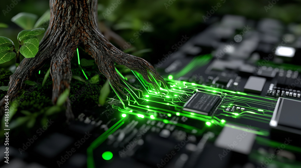 Poster digital ecology: a symbiotic representation of nature and technology. rooted in the earth, a tree br