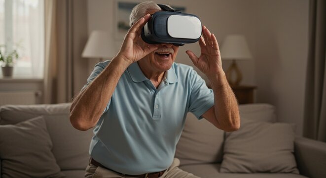 Older man wearing vr headset with hands up in excitement sitting on a couch indoors at home - Powered by Adobe