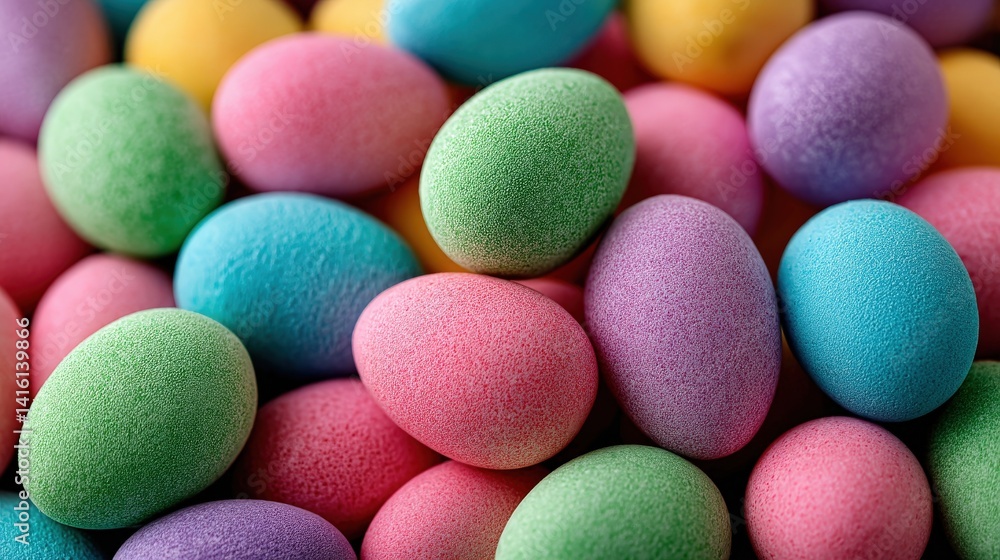 Poster cluster of multicolored small matte candy eggs arranged randomly on textured surface creating vibran