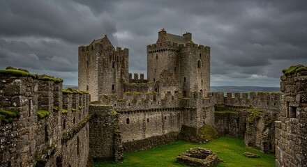 View of a medieval castle with stone walls and towers under a cloudy sky on a green courtyard area