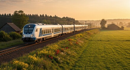 Fototapeta premium A train travels through the countryside at sunset with wildflowers and green fields visible nearby
