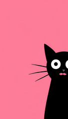 Cute Black Cat Cartoon with Pink Background, Half of the Cat Visible, Adorable Animal Illustration