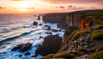 Obraz premium Sunset waves crashing coastal cliffs landscape photography dramatic seaside aerial view nature's beauty