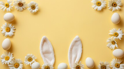 Easter bunny ears flat lay with daisies and eggs, pastel Easter bunny ears design, Easter bunny ears concept for Easter bunny ears background