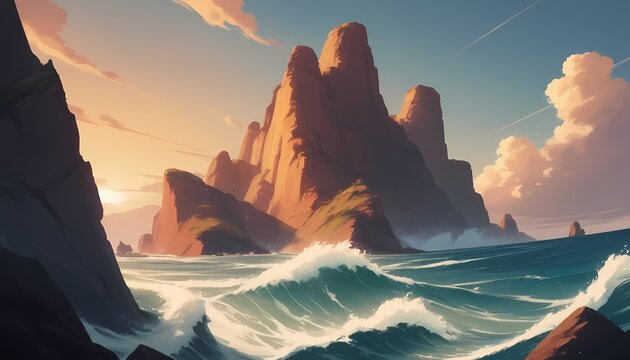 Waves crashing against rocky cliffs coastal paradise digital artwork serene landscape panoramic view nature's beauty