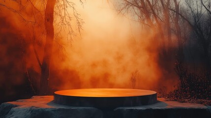 Circular stone platform surrounded by mysterious mist and vibrant orange forest scene with ethereal ambiance