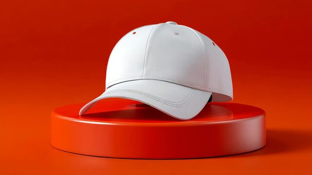 Casual white men's baseball cap with shadowed soft lighting on vibrant red base - Video 4K UHD 60 fps