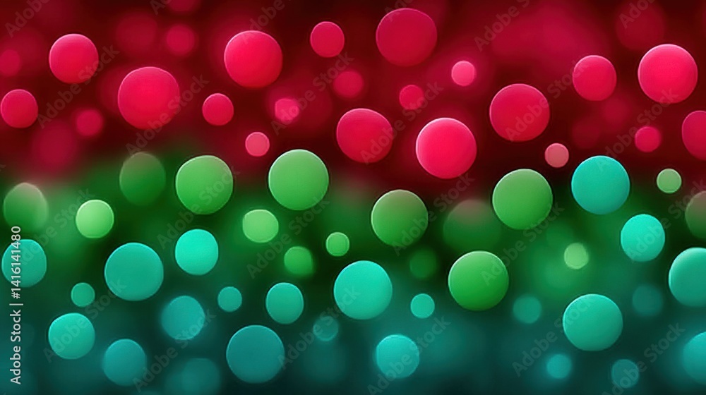 Poster dense bright pink red and green rounded shapes overlapping closely in 3d perspective suggesting boke