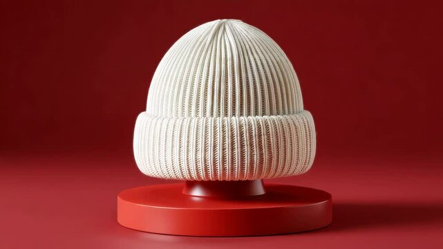 Cream wool beanie for men with ribbed texture on vibrant orange stand, modern winterwear - Video 4K UHD 60 fps