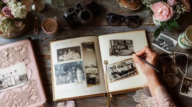 Elderly Woman Decorates Scrapbook With Vintage Family Photographs Generative AI