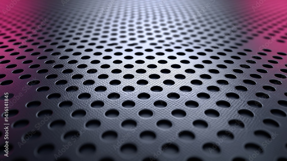 Poster dark metallic perforated sheet with small uniform circular holes in symmetrical grid pattern creatin