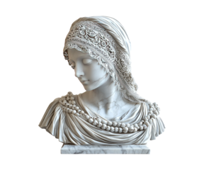 Elegant Marble Bust of a Woman with Intricate Headpiece and Draped Fabric