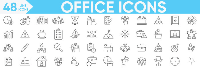 Office icon set.teamwork, documents, devices, Containing briefcase, desk, computer, project, support, contact us, meeting, employee, schedule and more.Vector and illustrator set.