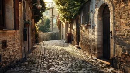 Obraz premium A serene narrow cobblestone alleyway bathed in warm sunlight, surrounded by charming rustic buildings and lush greenery, perfect for a peaceful stroll.
