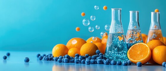 Citrus, berries, and flasks against a cyan backdrop with floating spheres