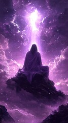 A figure sits in meditation atop a rock under a bright, ethereal light in a purple, cloudy sky
