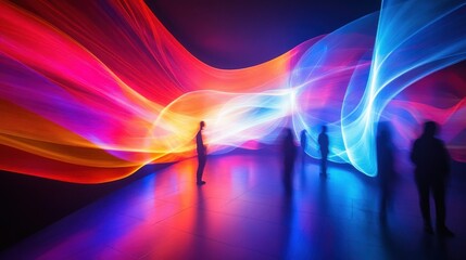 Abstract light installation with colorful wave and people silhouette