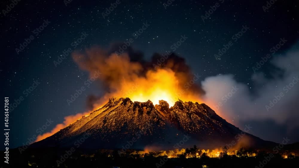 Poster volcanic eruption at night with lava and ash exploding into the sky generative ai