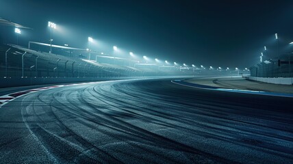 A serene view of an empty F1 track illuminated by floodlights at night, capturing the ambiance and contours of the racing circuit in solitude.