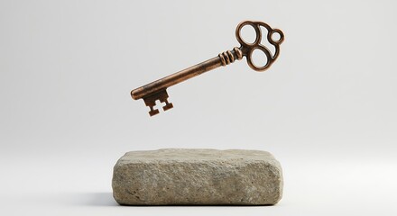 Old key floating above a stone base, on white background