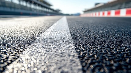 A close-up shot of an empty F1 track, showcasing the sleek asphalt surface and a prominent white line, capturing a moment of stillness in an iconic racing environment.