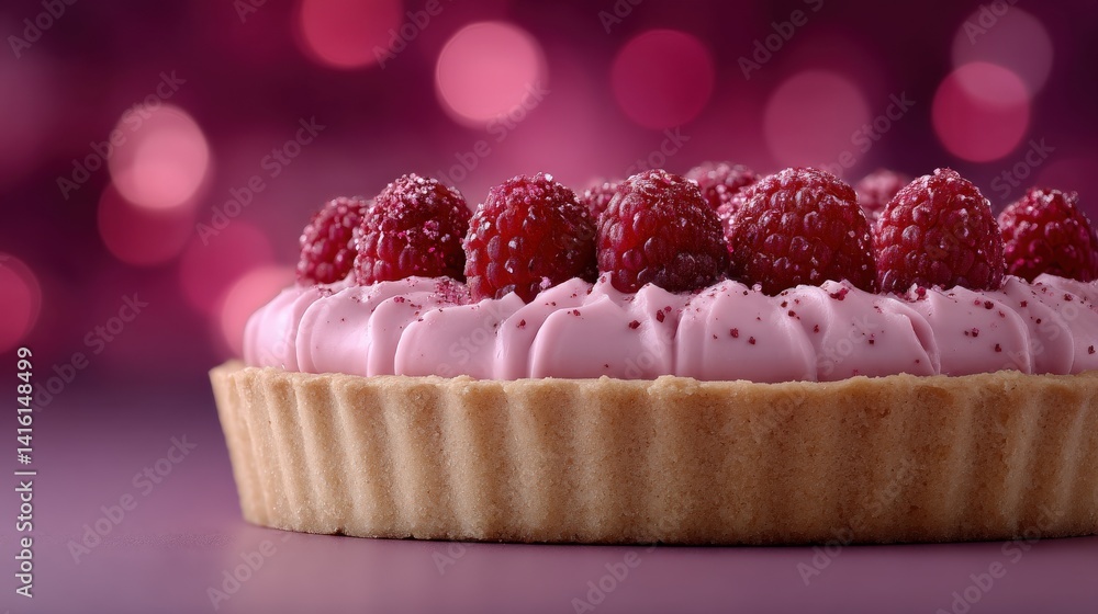 Poster red raspberry tart with layered cream filling in bright top view with soft lighting and blur effect 